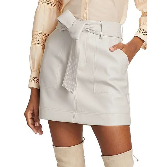 Marie Oliver Vallie Faux Leather Belted Mini Skirt in Cloud Off White Womens 10 - Picture 1 of 6
